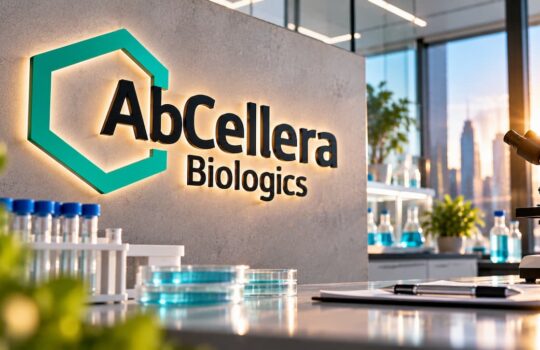 AbCellera Biologics sign on a lab wall with a microscope and blue test tubes nearby in a bright biotech lab with glass walls.