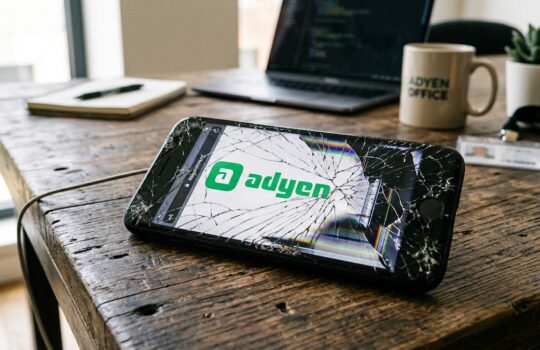 Smartphone with a shattered screen displaying the Adyen logo on a wooden desk in a bright office.