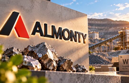 Almonty logo on a concrete wall at a mining site with rock piles in the foreground.