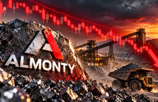 Almonty logo on a rock at a mining site, with a dump truck and a red downward stock-chart arrow/line