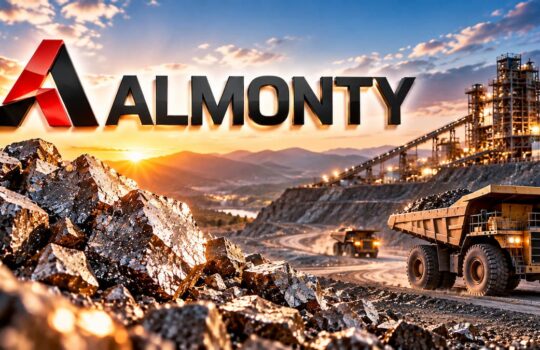 ALMONTY logo over a mining quarry with large dump trucks and a processing plant at sunset