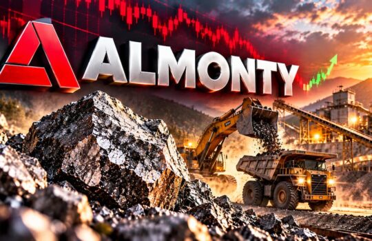 Mining site with an excavator loading rock into a dump truck beneath the ALMONTY logo at sunset