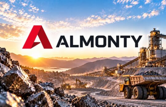 ALMONTY logo over a quarry scene with heavy machinery and a dumping truck at sunset.