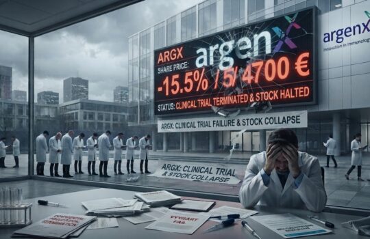 A distressed scientist in a lab coat sits at a cluttered desk reacting to news of ARGX stock plunging, with a large ticker and signs about clinical trial failure.