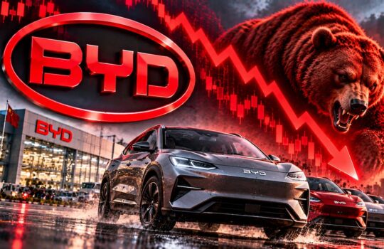 Lineup of BYD electric cars in a dealership lot with a looming red bear and downward stock chart, signaling a bearish market impact on BYD.
