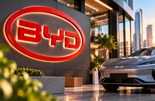 Silver BYD sedan parked in a modern showroom with a large red BYD logo on the wall