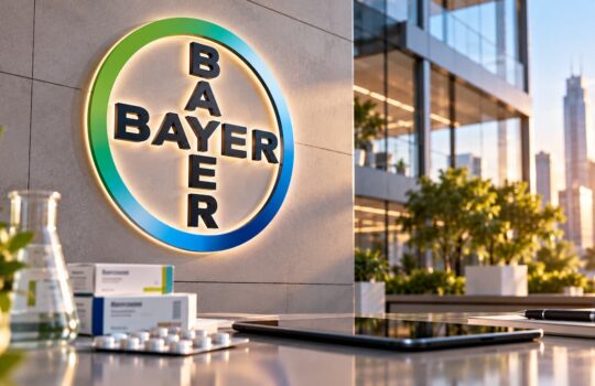 Bayer circular logo on a modern building exterior, with a desk in the foreground holding a tablet and medicine boxes outdoors at sunset urban terrace.
