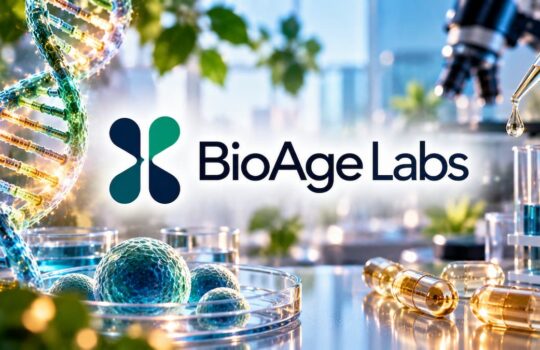 BioAge Labs logo with a DNA helix and laboratory glassware in a modern science setting.