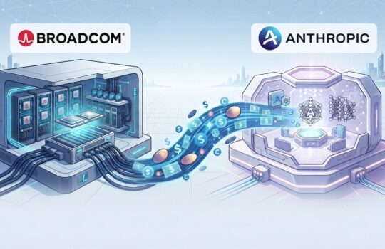 Futuristic data center scene showing Broadcom and Anthropic logos as servers transfer a glowing data stream between two high-tech cabinets.