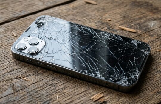 Smartphone with a shattered screen lying face up on a wooden surface with visible cracks across the display and camera area the back shows a triple-camera module