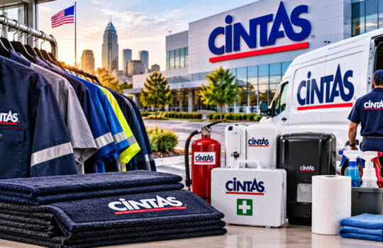 Row of Cintas uniforms on hangers beside a gear rack with a Cintas delivery van and building in the background.
