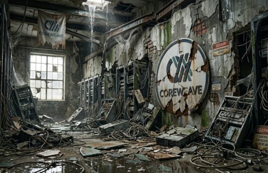 Dilapidated data center room with a rusted CoreWeave sign on a cracked wall, exposed cables, and debris.