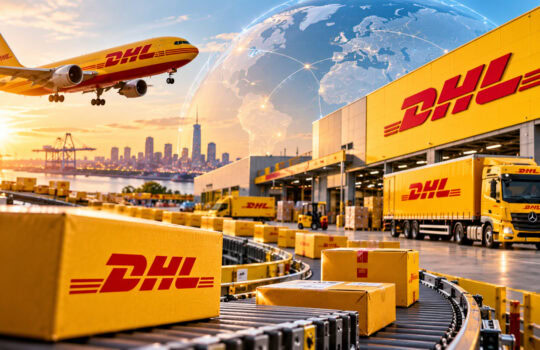 DHL logistics hub with yellow trucks and cargo on a curved conveyor under a large DHL building, globe overlay in the sky.