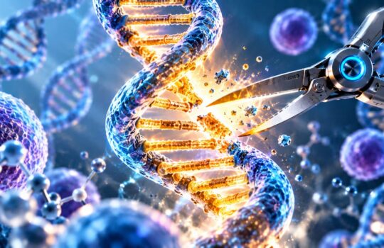 Robotic scissors cutting a glowing DNA double helix in a high-tech lab setting.