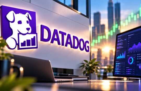 Datadog branding on an office wall with a data dashboard visible on a large monitor and a laptop on the desk.