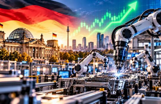 Industrial automation in Germany: robotic welders at a factory with the Berlin skyline and an upward-trending graph overlay.