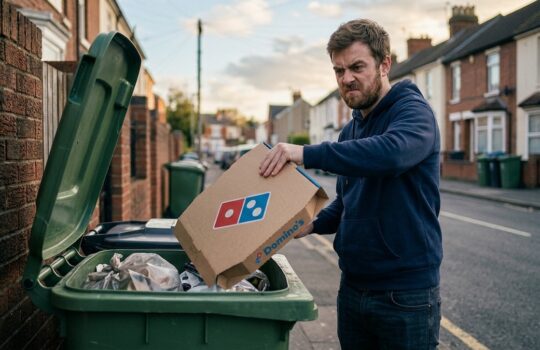 Man in a navy hoodie placing a Domino's pizza box into a green curbside bin on a residential street to the left of the frame