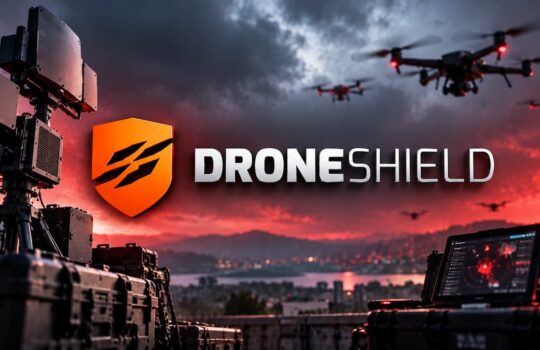 Drone shield branding with orange shield logo, security drones in the sky, and a control console on a tactical setup at dusk; text 'DRONE SHIELD' visible.