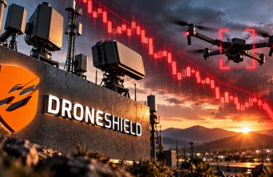 Drones fly near a tech site with a large 'DRONESHIELD' logo on a concrete wall at sunset, with a red stock-chart overlay in the sky.