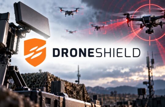Drones over a rugged military outpost with a DRONESHIELD logo and text, red targeting lasers in the sky.
