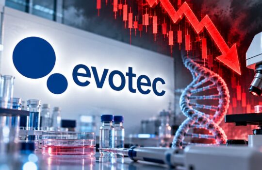 Lab bench with DNA helix model, microscope, and Evotec logo, signaling biotech research and data analysis.