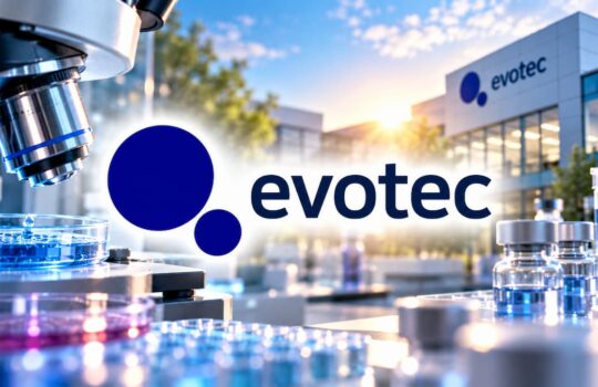 Lab bench with a microscope and colorful Petri dishes in the foreground, evotec logo visible with a modern building in the background.