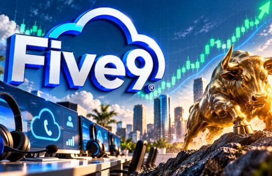 Five9 cloud logo and a bullish figure charging forward over a row of computer desks with headsets, set against a city skyline and rising stock chart.