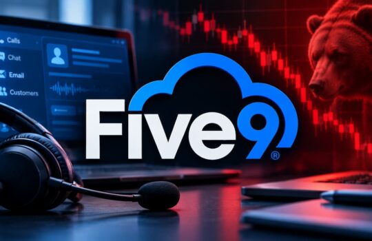 Five9 cloud contact center logo on a desk with headset, laptop, and a red stock chart in the background.