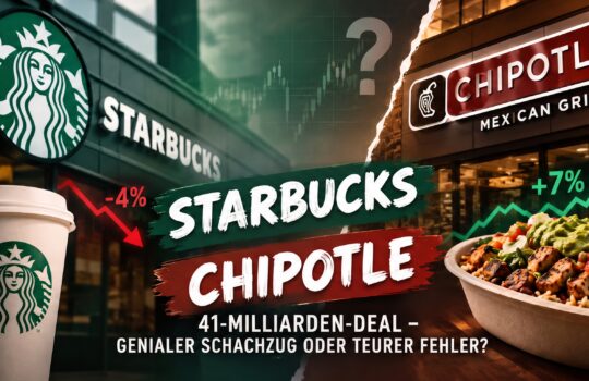 Collage with Starbucks cup and logo beside a Chipotle sign, overlaid with stock graphics and a burrito bowl.