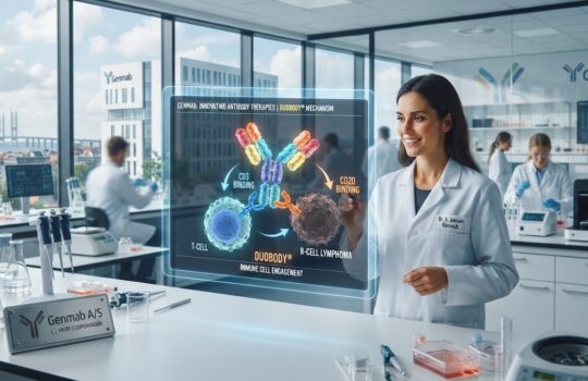 Scientist in a lab coat interacts with a holographic GENMAB Duobody diagram showing CD3 and CD20 binding.