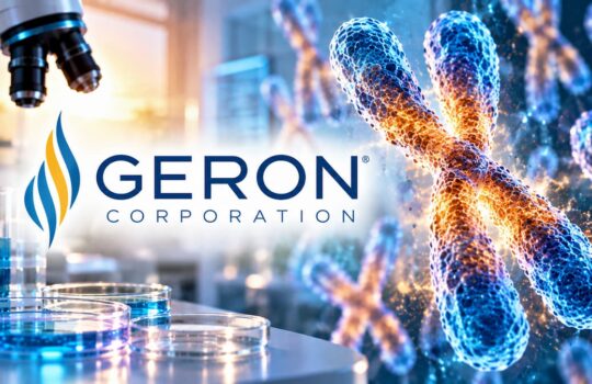 Geron Corporation logo displayed in a biotech lab with DNA helix visuals and Petri dishes in foreground