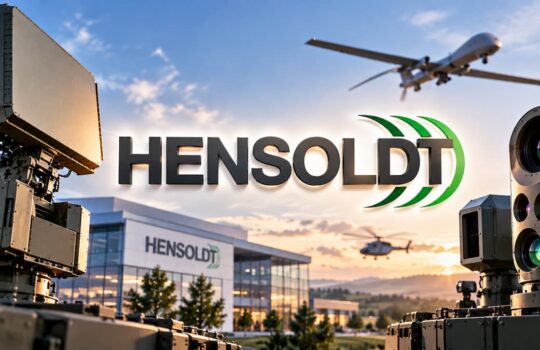 HENSOLDT logo on a modern building, surrounded by radar and imaging sensors with a drone flying overhead at sunset.