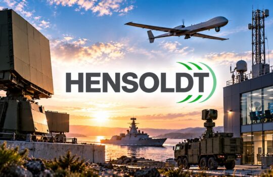 HENSOLDT logo over a sunset defense scene with radar equipment, a warship, and an armored vehicle at a coastal military base