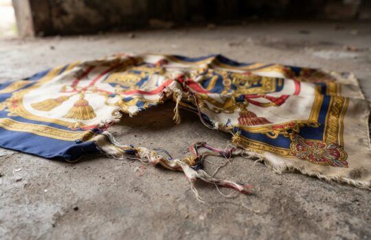 Colorful ornate silk scarf torn and lying on a dusty concrete floor