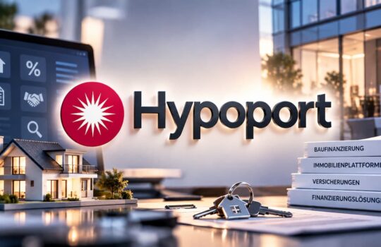 Hypoport logo with a red star and office backdrop, plus a miniature house, keys, and finance books on a desk.