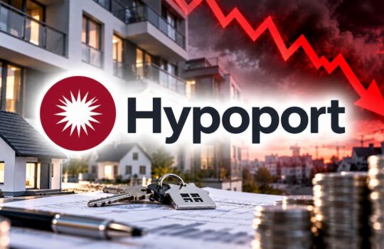 Hypoport logo over a real estate scene with a blueprint, keys, coins, and a red downward stock arrow in the skyline backdrop.