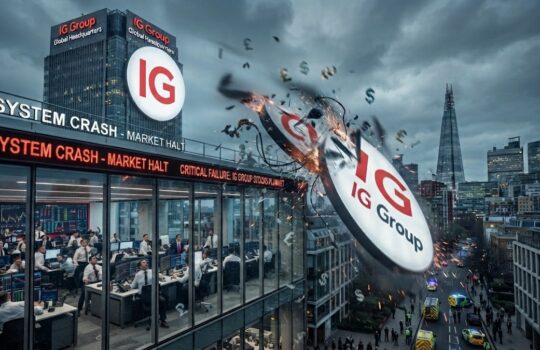 Illustration of a stock exchange office under attack as a giant IG Group logo disk crashes into a building, sparks flying and chaos in the street below.