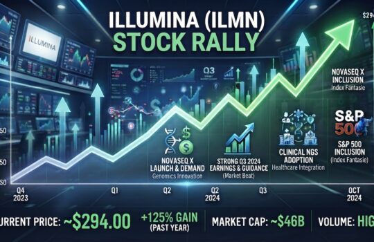 Stock market infographic showing Illumina stock rally with a bright upward-trending line chart from Q4 2023 to Oct 2024, including milestone icons and percentage gains, current price around $294, and market indicators at the bottom (high volume).