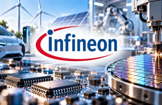 Infineon logo over a high-tech semiconductor factory with circuit boards, robotics, and renewable-energy imagery in the background.
