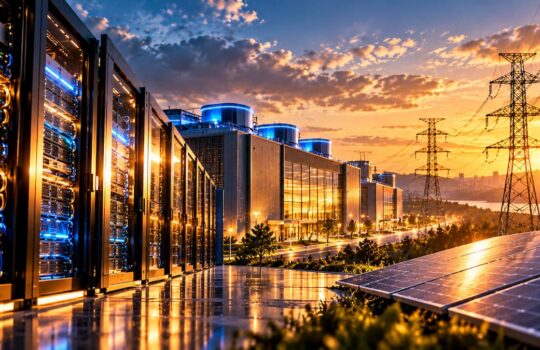 Row of server racks in an outdoor data center with blue lights, reflecting ground, at sunset; solar panels and transmission towers in the background.