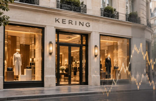 Luxury fashion storefront (KERING) with illuminated window displays and mannequins inside a stone building.