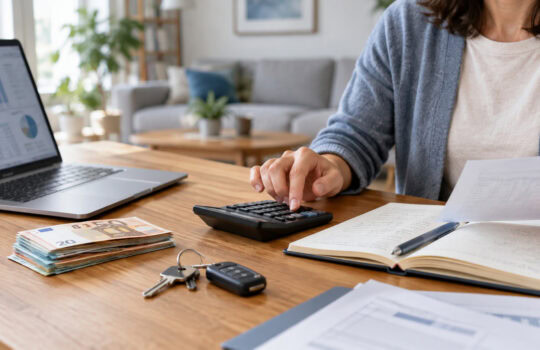 Person at a wooden desk using a calculator while reviewing papers and a laptop in a home office, with cash nearby.