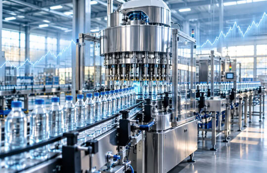 Automated bottling line filling water bottles on a conveyor in a bright factory setting.