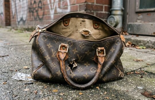 Worn Louis Vuitton monogram handbag lying on a cracked urban sidewalk, with a torn inner lining visible.