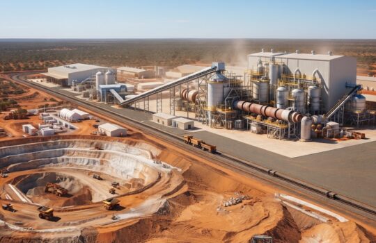 Large desert mining facility with silos, conveyors, and an open-pit excavation showing dump trucks in the pit area.