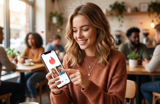 Smiling woman in a brown sweater uses a dating app on her smartphone in a cozy cafe, with profile cards visible on screen.
