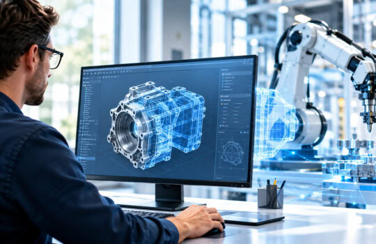 Engineer at a desk views a 3D CAD model of a gearbox on a monitor beside a robotic arm in a high-tech workshop.