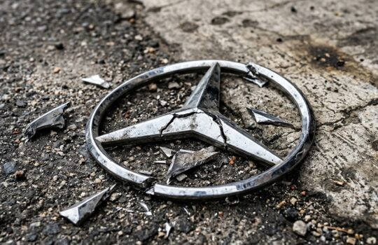 Cracked and damaged Mercedes-Benz emblem lying on rough pavement.