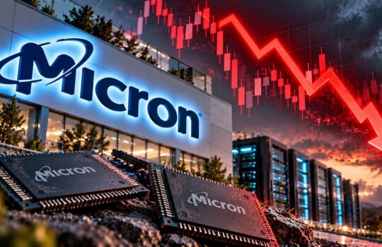 Micron Technology building with cached logo and foreground silicon chips; a red downward-trending stock chart arrow overlays the sky in the background.