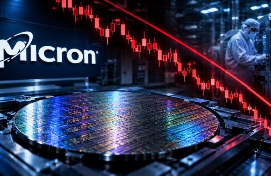 Micron logo beside a colorful semiconductor wafer on a production line with a red downward stock trend line overlaying the scene.